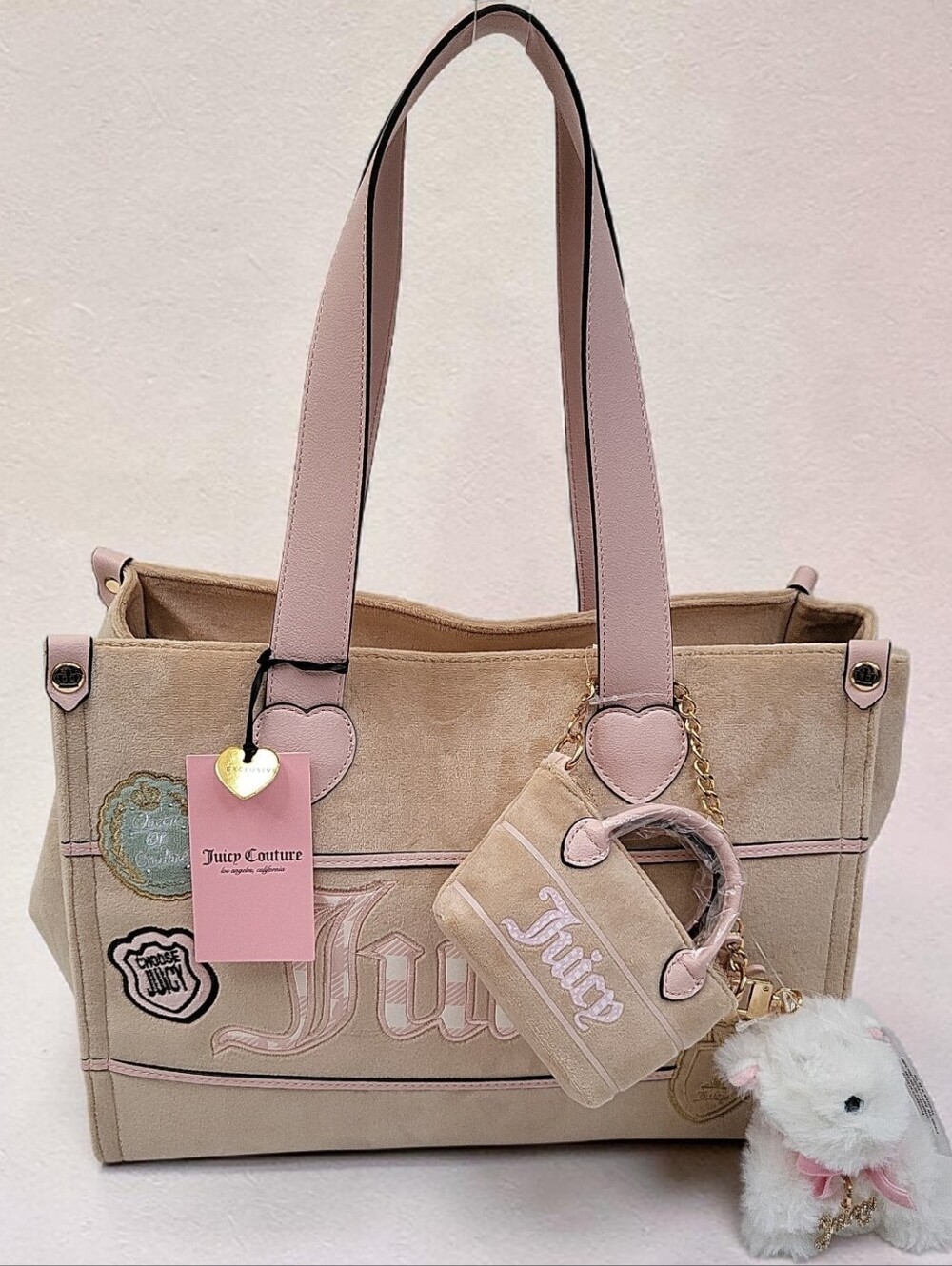 Juicy Couture STUDY IN STYLE Tote Shoulder Bag Coin Purse/Charms Buff Beige PINK